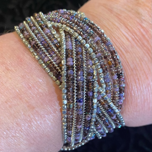 Jewelry - Beaded cuff bracelet lilac/bronze/pewter glass seed beads, 1 1/2”wide,2” across